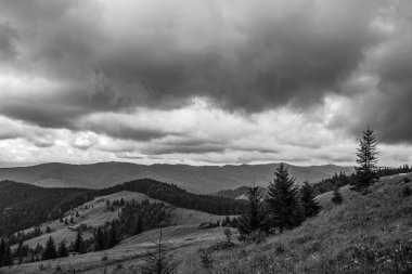 Yazın Karpatların güzel dağları. Dağlardaki yamaçlarda siyah ve beyaz bulutlar