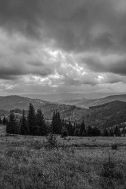 Bulutlu gökyüzünün altındaki dağlardaki güzel manzaranın dikey görüntüsü.