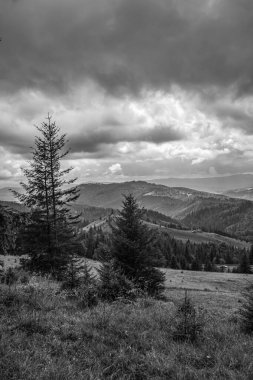 Dağları ve bulutlu bir günü gören siyah beyaz bir manzara.