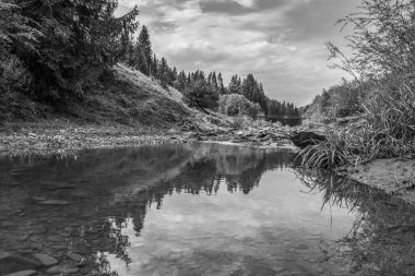Şelaleli bir nehrin siyah beyaz fotoğrafı
