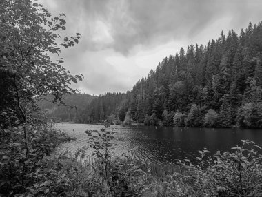 Siyah beyaz bulutları olan güzel bir göl