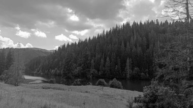Siyah ve beyaz bulutların arka planında ağaçlar ve dağlarla gölün güzel manzarası.