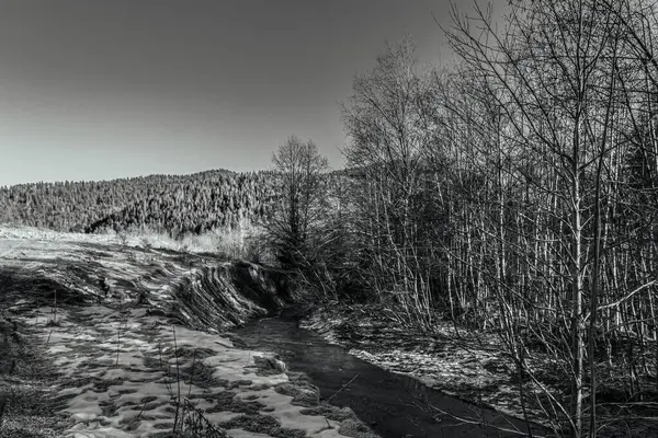 Karlı bir dağdaki kayalık bir arazinin gri tonlu görüntüsü.