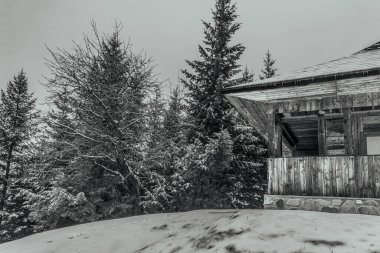 Ormanda karlı ahşap bir ev