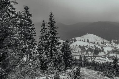 Karpat Dağları 'nın köyü. Kış manzarası.