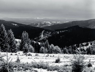 Karlı dağ zirvelerinin siyah beyaz fotoğrafı
