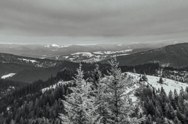 Kış dağı manzarası. siyah ve beyaz.