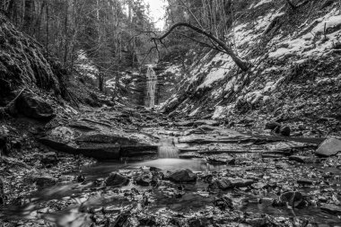 Siyah beyaz fotoğrafta güzel bir şelale