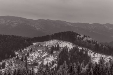 Dağ manzarasının siyah beyaz fotoğrafı