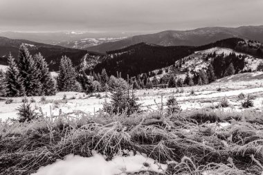 Dağlarda kış. Dağlar, karla örtülmüş. yüksek kaliteli fotoğraf