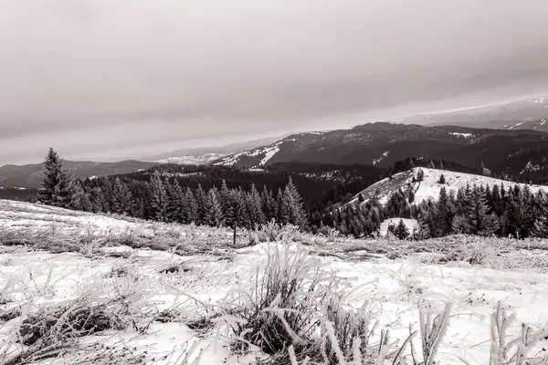 bir dağ manzarasının siyah beyaz fotoğrafı