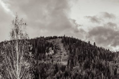 Dağların arka planında bulutlu gökyüzü olan dağ manzarasının siyah ve beyaz görüntüsü.