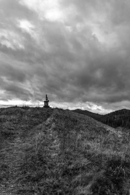 Bir ağaçla güzel bir dağ manzarasının siyah beyaz fotoğrafı.