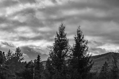 Gökyüzünde bulutlar olan dağların siyah beyaz fotoğrafı.