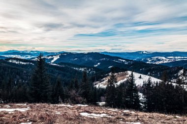 Önünde bir dağ olan güzel bir kış manzarası.