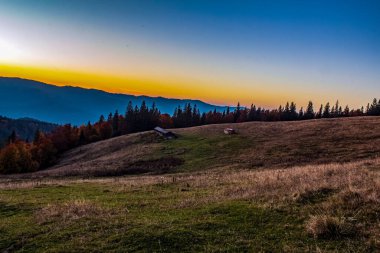 Renkli ağaçlarla, ormanlarla ve dağlarla dolu sonbahar manzarası