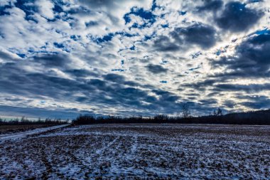 Karla kaplı bir tarlası olan güzel bir manzara.