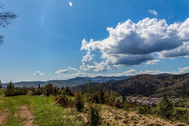 Arka planda dağlar olan güzel yaz manzarası.