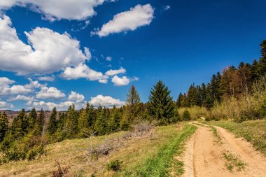 Dağları ve mavi gökyüzü olan güzel bir manzara.