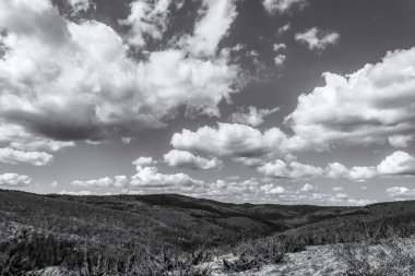 Karpatlar 'da siyah beyaz bir dağ manzarasının güzel bir resmi.