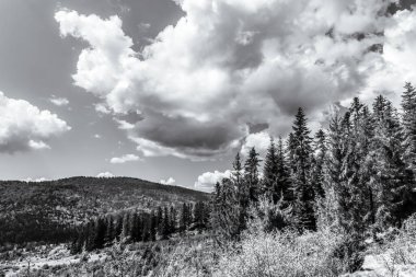 black and white photo of mountain landscape in the mountains.