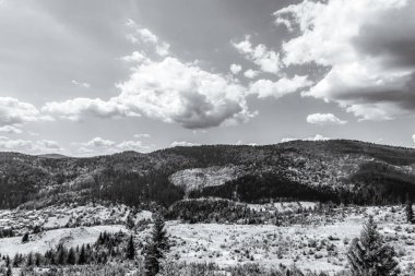 Bulutlu gökyüzü olan bir dağın güzel manzarasının dikey görüntüsü.