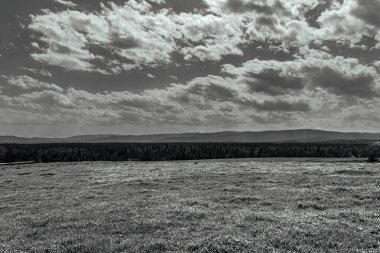 Karpat dağlarındaki dağların siyah ve beyaz manzarası.