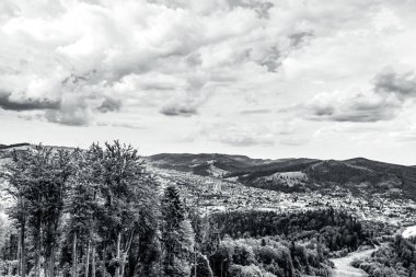 Dağları ve ormanı olan güzel bir manzara.