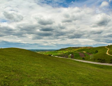 Yeşil çimen ve mavi gökyüzü olan güzel bir manzara.