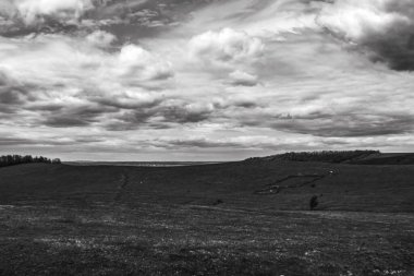 Bir tarlada siyah ve beyaz bulutlar