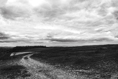 Bulutlu bir arazide manzara. siyah ve beyaz.