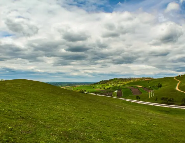 Yeşil çimen ve mavi gökyüzü olan güzel bir manzara.