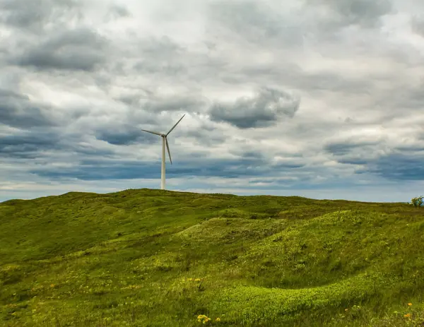 Bir çayırın ortasındaki tepede rüzgar türbini