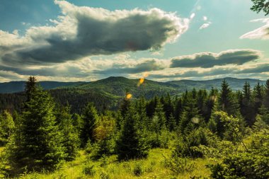 Güzel yaz manzarası. dağlar, orman ve mavi gökyüzü. Doğa, seyahat