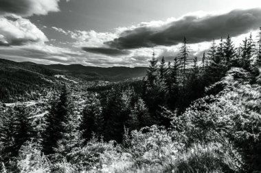 Dağlardaki bir dağın siyah beyaz fotoğrafı.