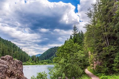 Orman ve bulutlu gökyüzü ile çevrili güzel bir dağ gölü manzarası.