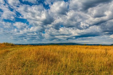 Arka planda mavi gökyüzü ve renkli bulutlarla sonbahar manzarası. Güzel sonbahar manzarası.