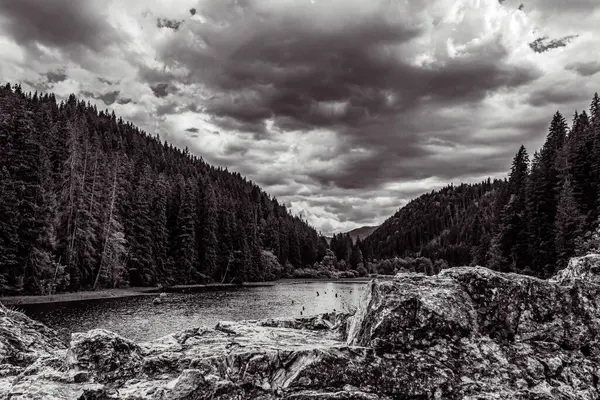 Siyah beyaz gölün kayalık kıyıları