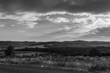 Güzel bir manzaranın gri tonlu bir görüntüsü.
