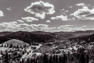 view from above of the mountain range in black and white
