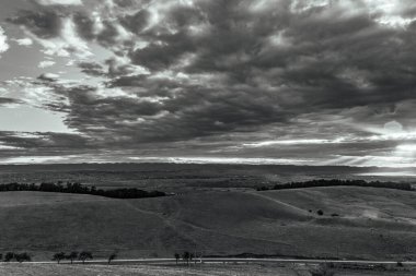 a grayscale shot of a beautiful landscape in the middle of a field with a beautiful cloudy sky during daytime