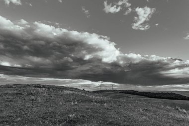 Bir tarlası ve bulutlu gökyüzü olan güzel bir manzara.