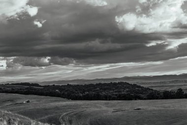a wide angle shot of a landscape with a field of grass under a cloudy sky