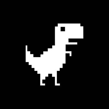 Pixelated Dinozor Retro Oyun Simgesi. Retro oyun ve dijital kültürü sembolize eden nostaljik bir pikselli sanat dinozoru. Video oyunu grafikleri, teknik tasarımlar ve eğlenceli dijital projeler için mükemmel..