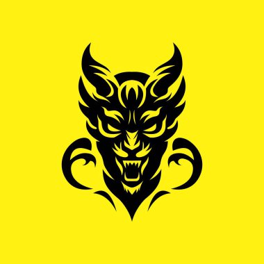 Fierce Demon Beast Face Silhouette with Sharp Tribal Design on Yellow Background  Vector Illustration clipart