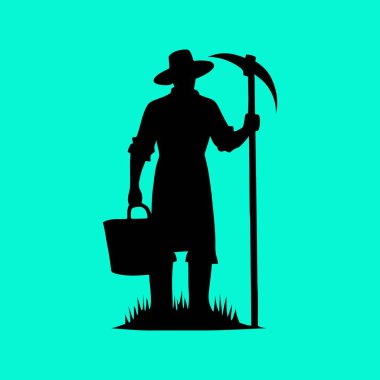 Farmer Silhouette Holding Scythe and Bucket on Grass clipart