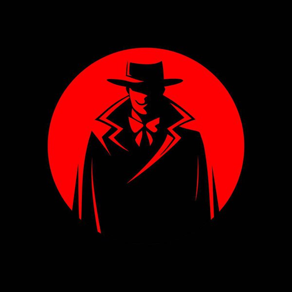 Таинственный нуар-детектив в шляпе и плаще-силуэте с красным и черным контрастом