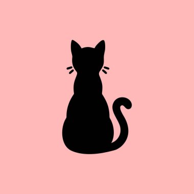 Pembe Arkaplanda Kedi Silueti Vektörü. Minimalist siyah kedi silueti yumuşak pembe bir arka planda geriye doğru bakıyor. Evcil hayvan tasarımları, dekorlar, logolar ya da sevimli çizimler için mükemmel..