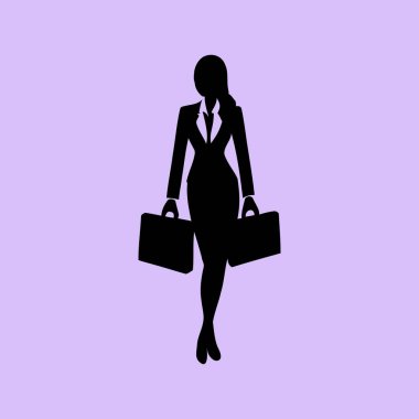 İş kadını Silhouette ve çanta taşıyıcısı. İki evrak çantası tutan takım elbiseli, kendine güvenen bir iş kadınının zarif siyah silueti. Şirket, finans veya güçlendirme temaları için mükemmel.