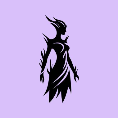 Gizemli Büyücü Siluet Vektörü. Güçlü bir kadın büyücünün sitilli siyah silueti. Akan hatları ve alev benzeri özellikleri var. Fantezi sanatı, oyunlar ya da sihirli temalı tasarımlar için ideal.